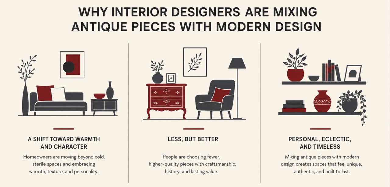 An infographic showing key factors from interior designers incorporating antique pieces with modern design.